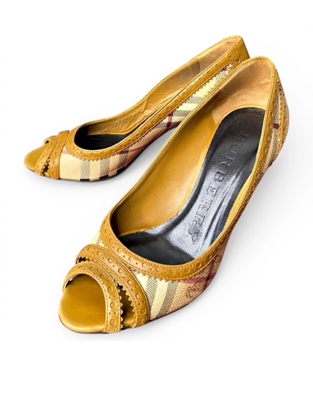🛍️ Burberry Authentic Tan Peep-Toe Leather Heels with House Check Accents